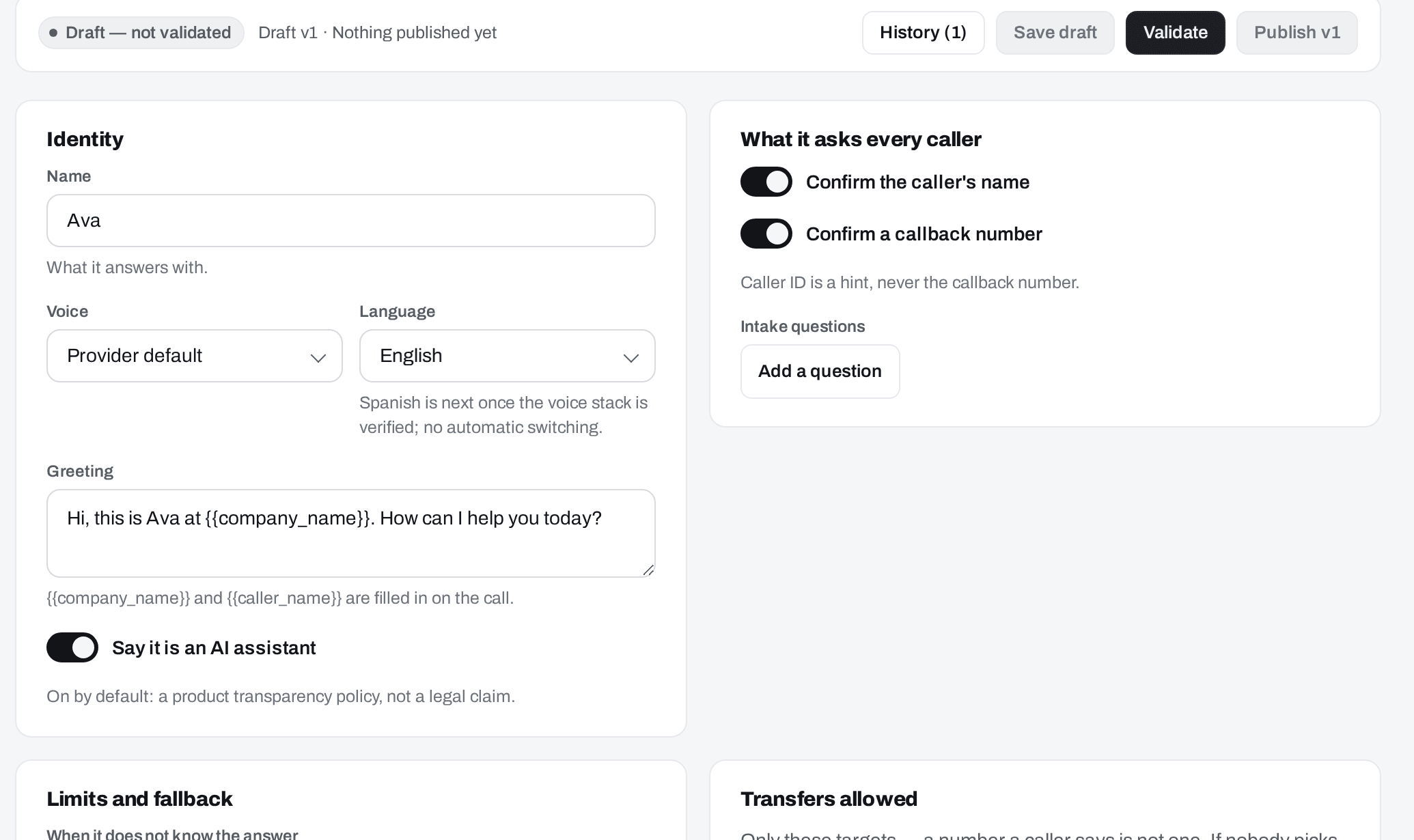 Receptionist settings: name, voice, greeting and the AI disclosure switched on